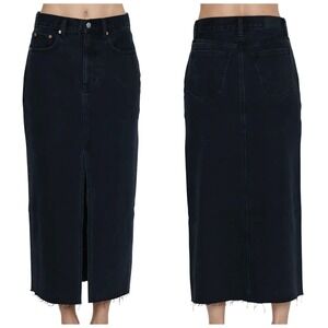 Pistola Alice Black Denim Midi Skirt 27" Front Slit Raw Hem Goth Emo Underground